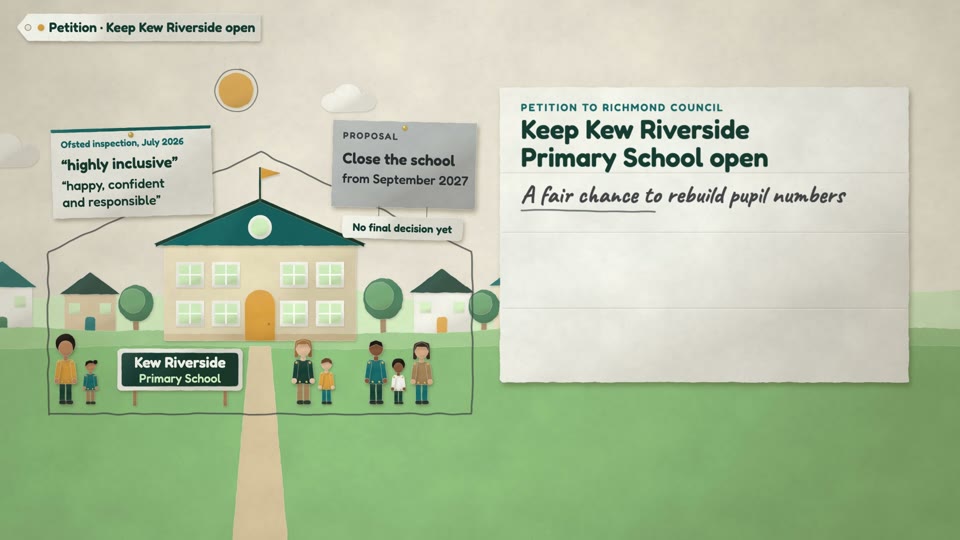 Paper animation of Kew Riverside school and the petition to keep it open.