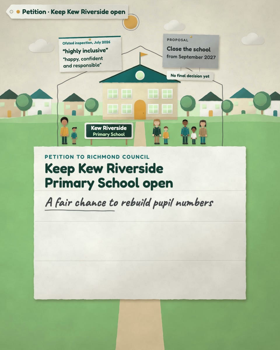 Portrait paper animation of Kew Riverside school and the petition to keep it open.